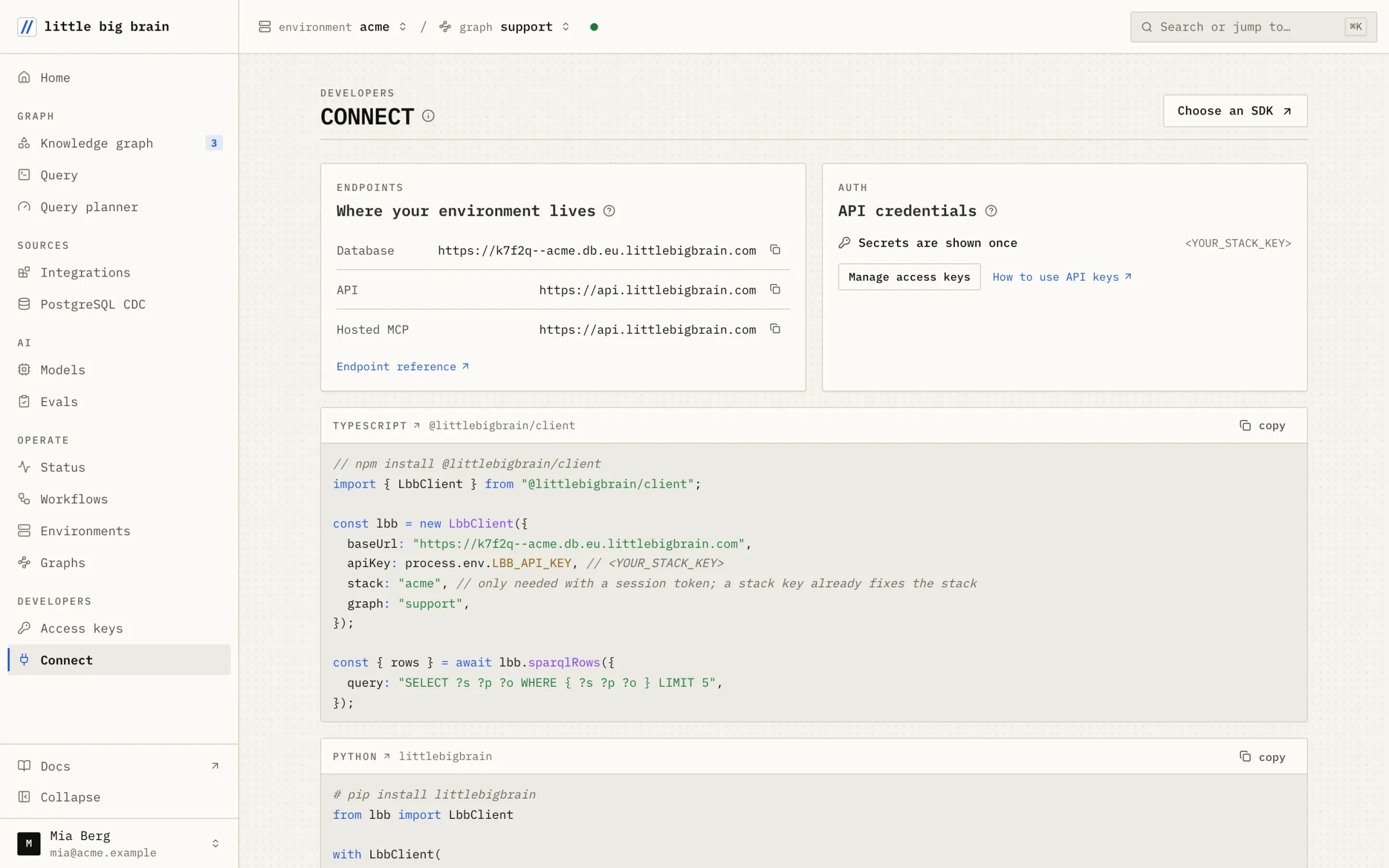 The Connect page: the database, API and MCP endpoints, and TypeScript code for the environment