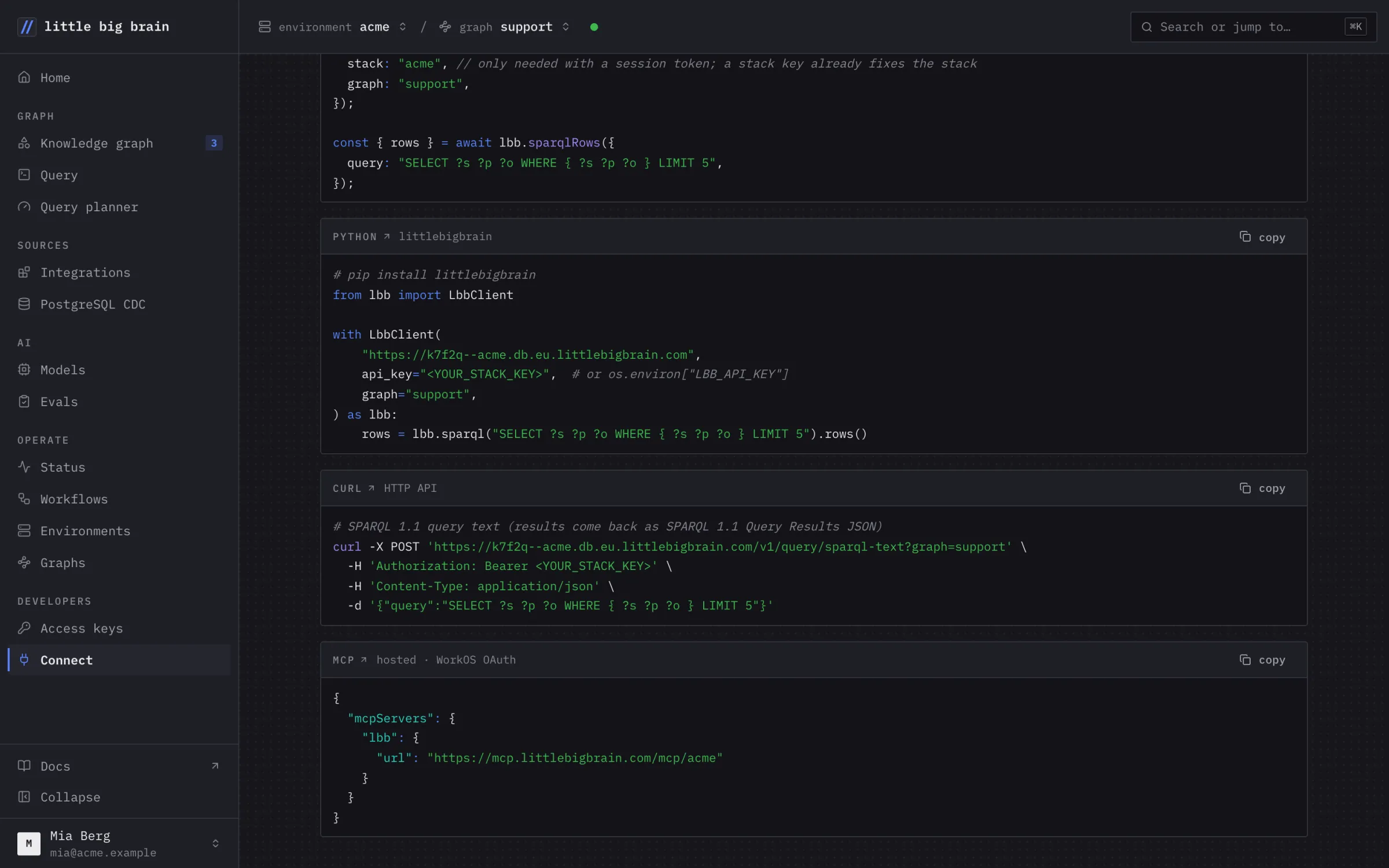 The Connect page: Python and HTTP examples and the hosted MCP configuration