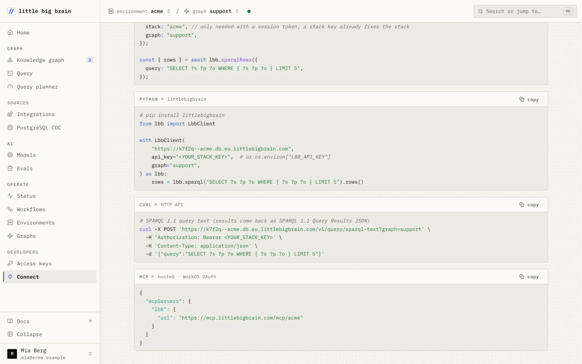 The Connect page: Python and HTTP examples and the hosted MCP configuration