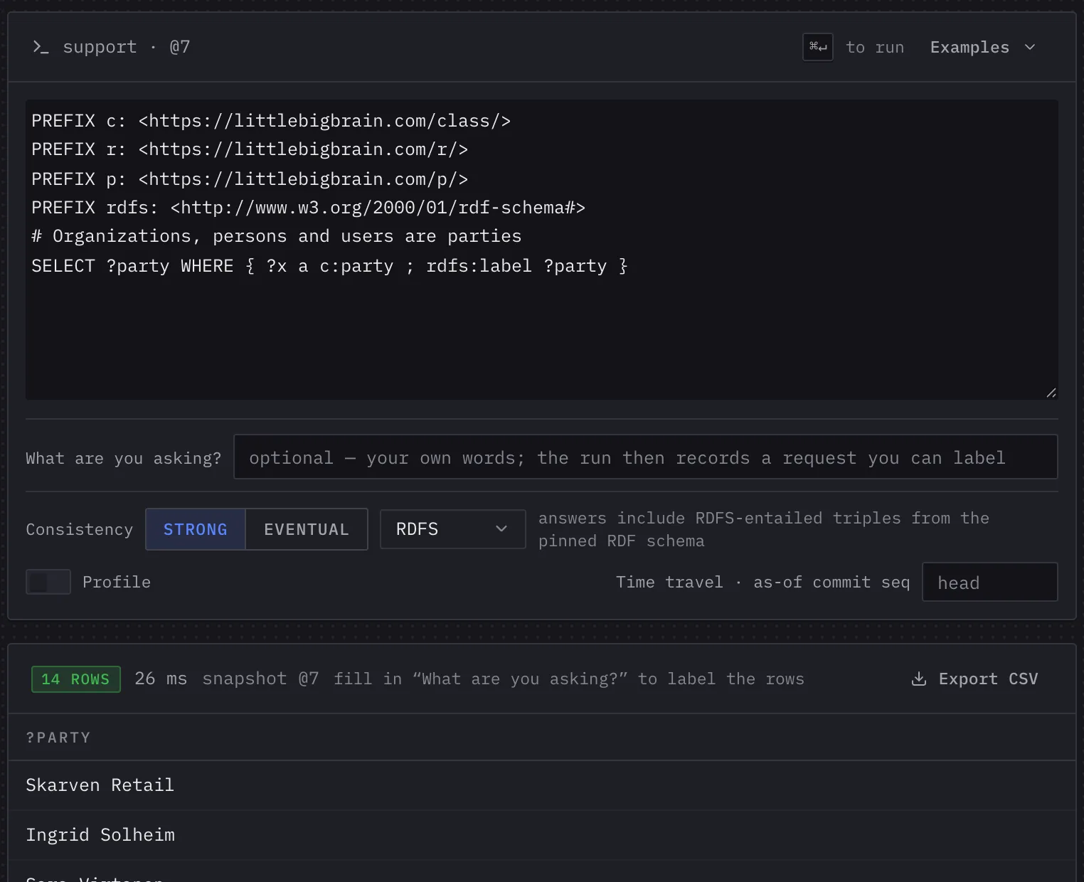 A SPARQL query for parties with RDFS reasoning: 14 rows