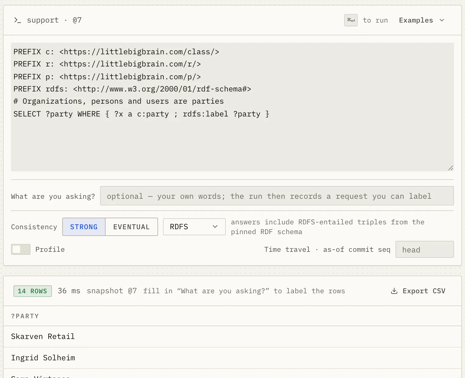 A SPARQL query for parties with RDFS reasoning: 14 rows