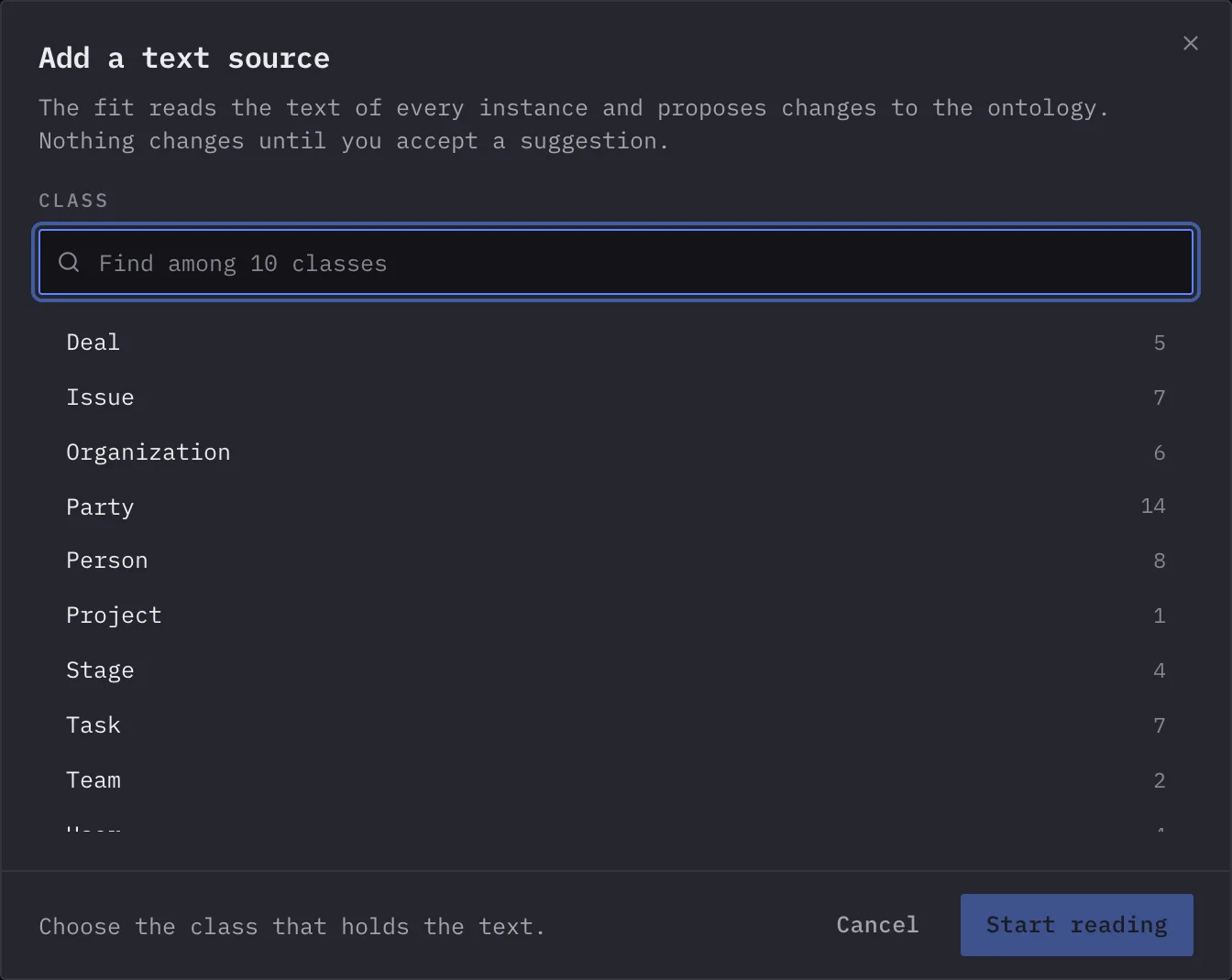 The Add a text source dialog: choose the class that holds the text