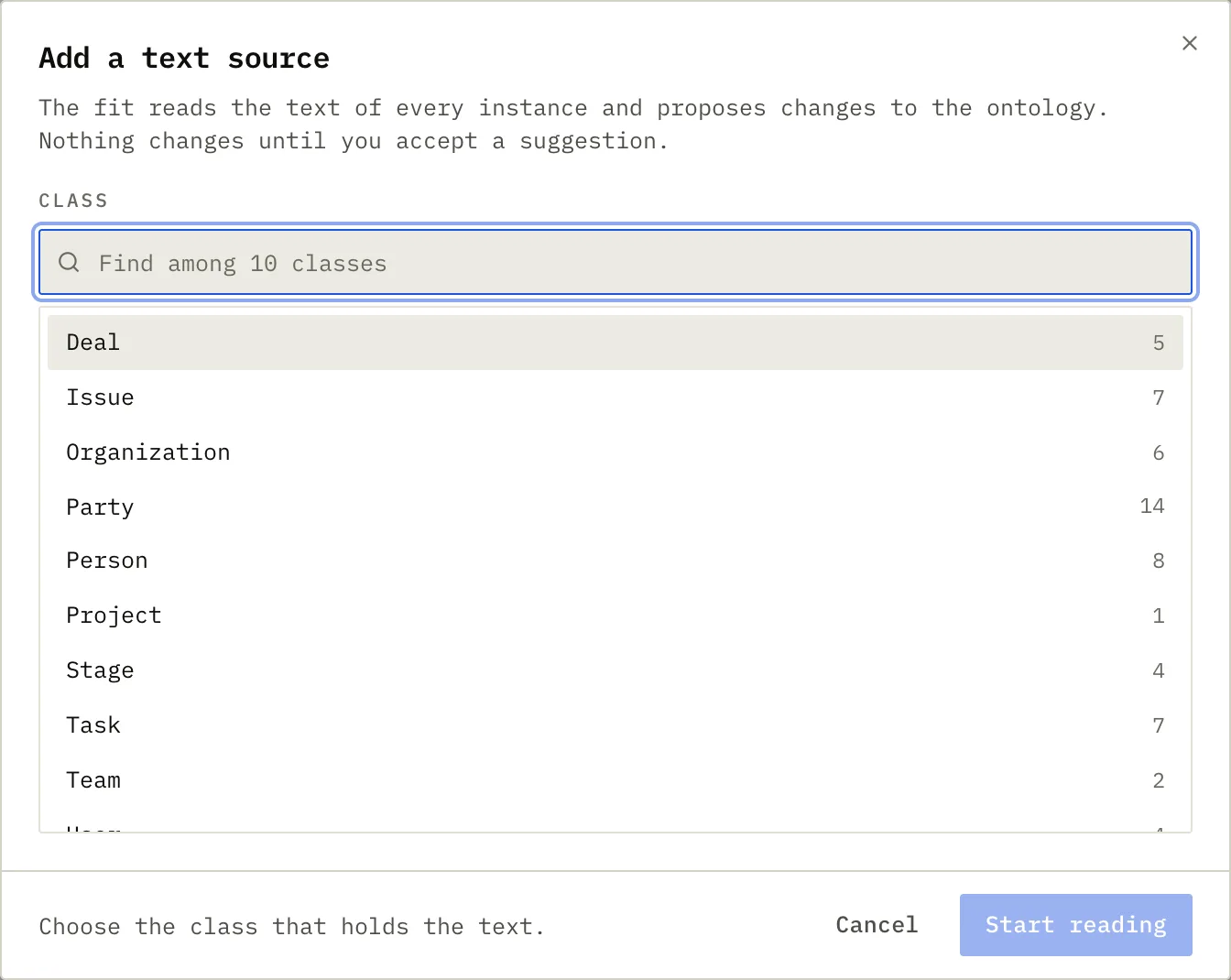The Add a text source dialog: choose the class that holds the text