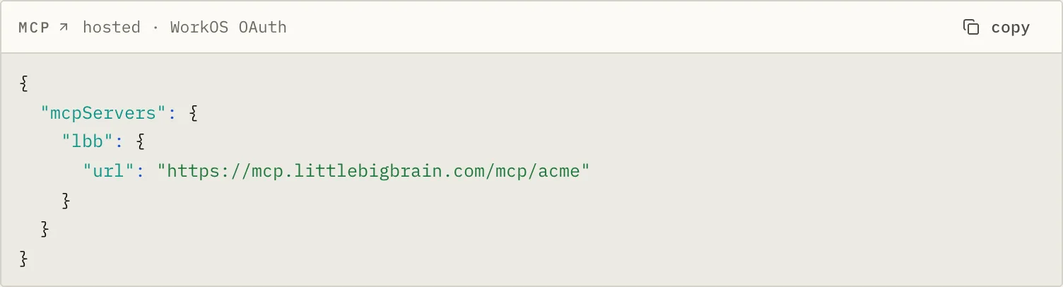 The hosted MCP configuration with the server URL for the environment
