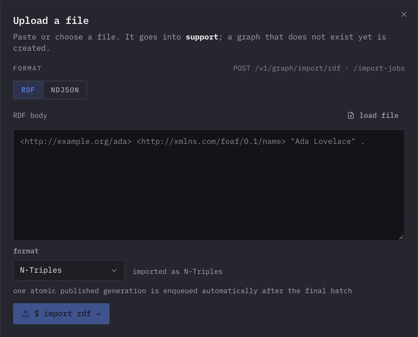 The Upload a file dialog: RDF or NDJSON, pasted or loaded from a file, imported into the graph support