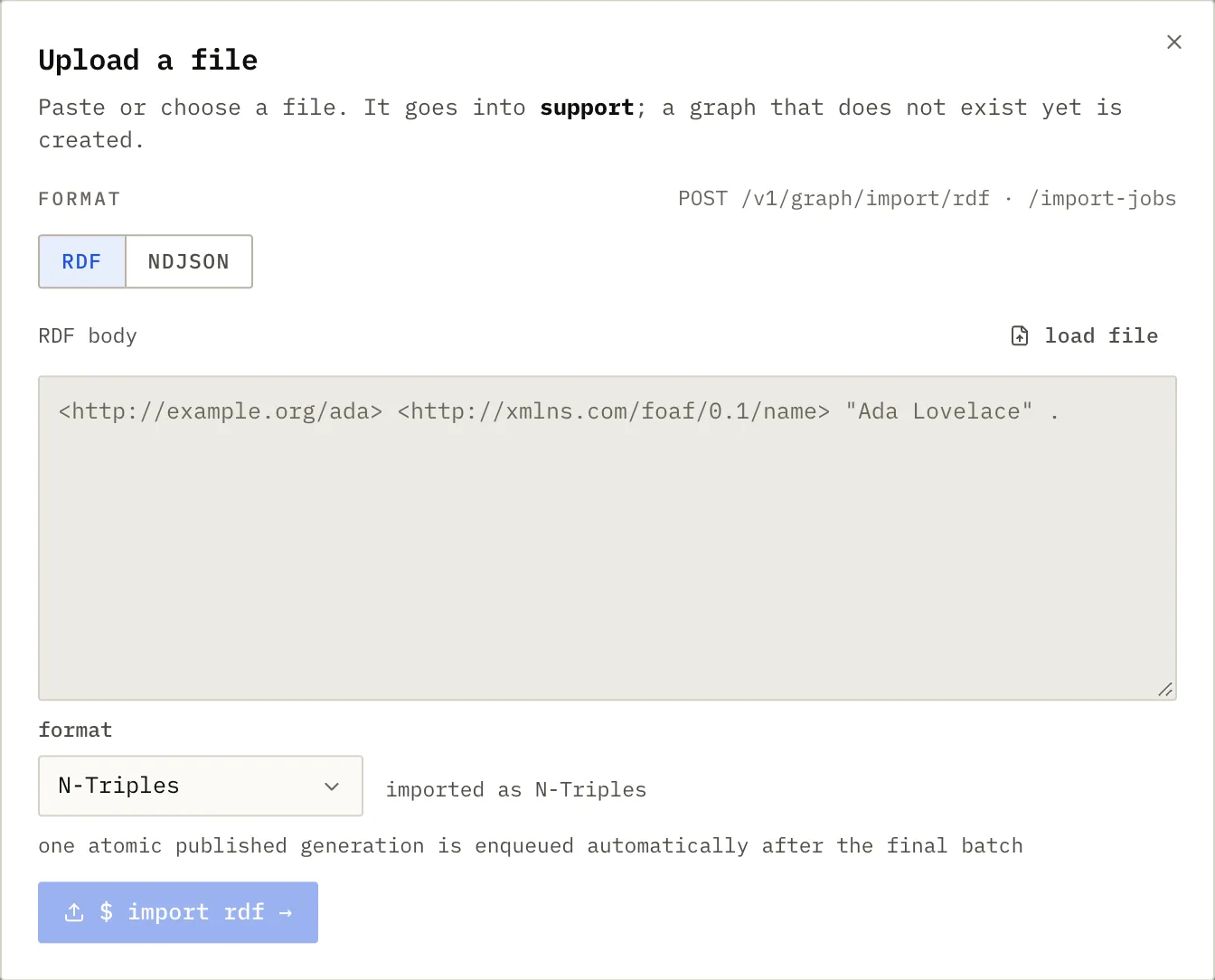The Upload a file dialog: RDF or NDJSON, pasted or loaded from a file, imported into the graph support