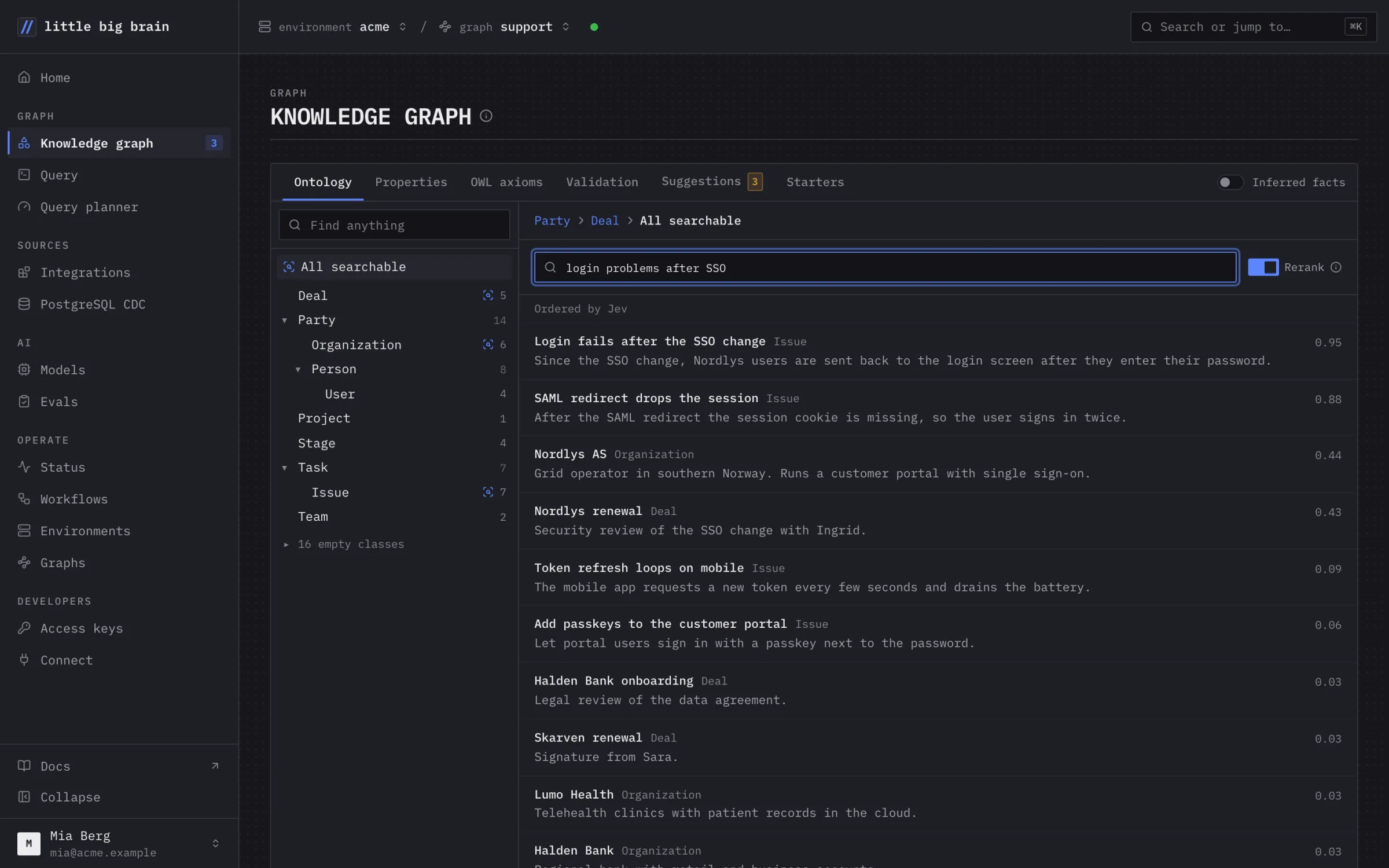 A search for login problems after SSO: issues, organizations and deals ranked by Jev, each with its score