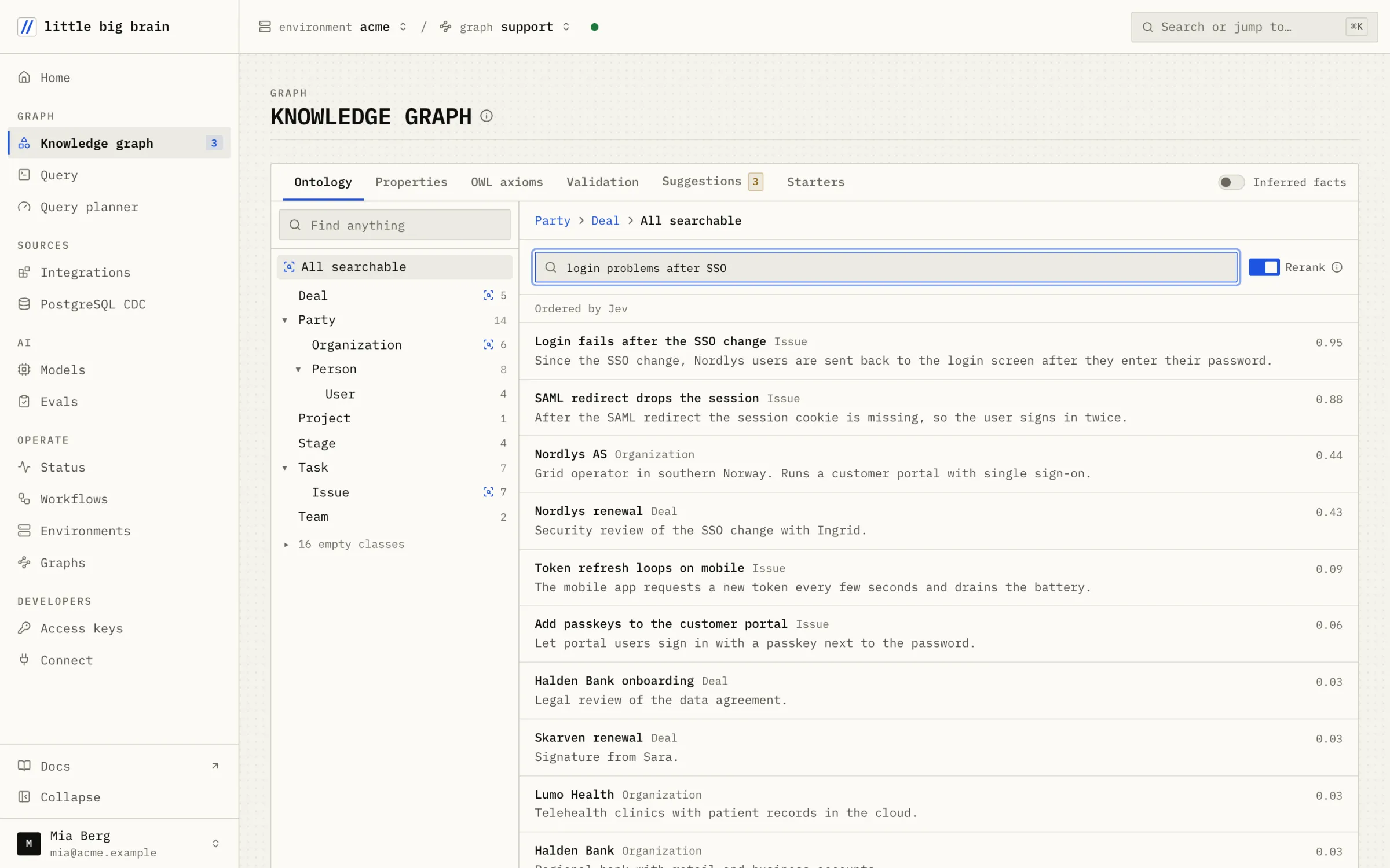 A search for login problems after SSO: issues, organizations and deals ranked by Jev, each with its score