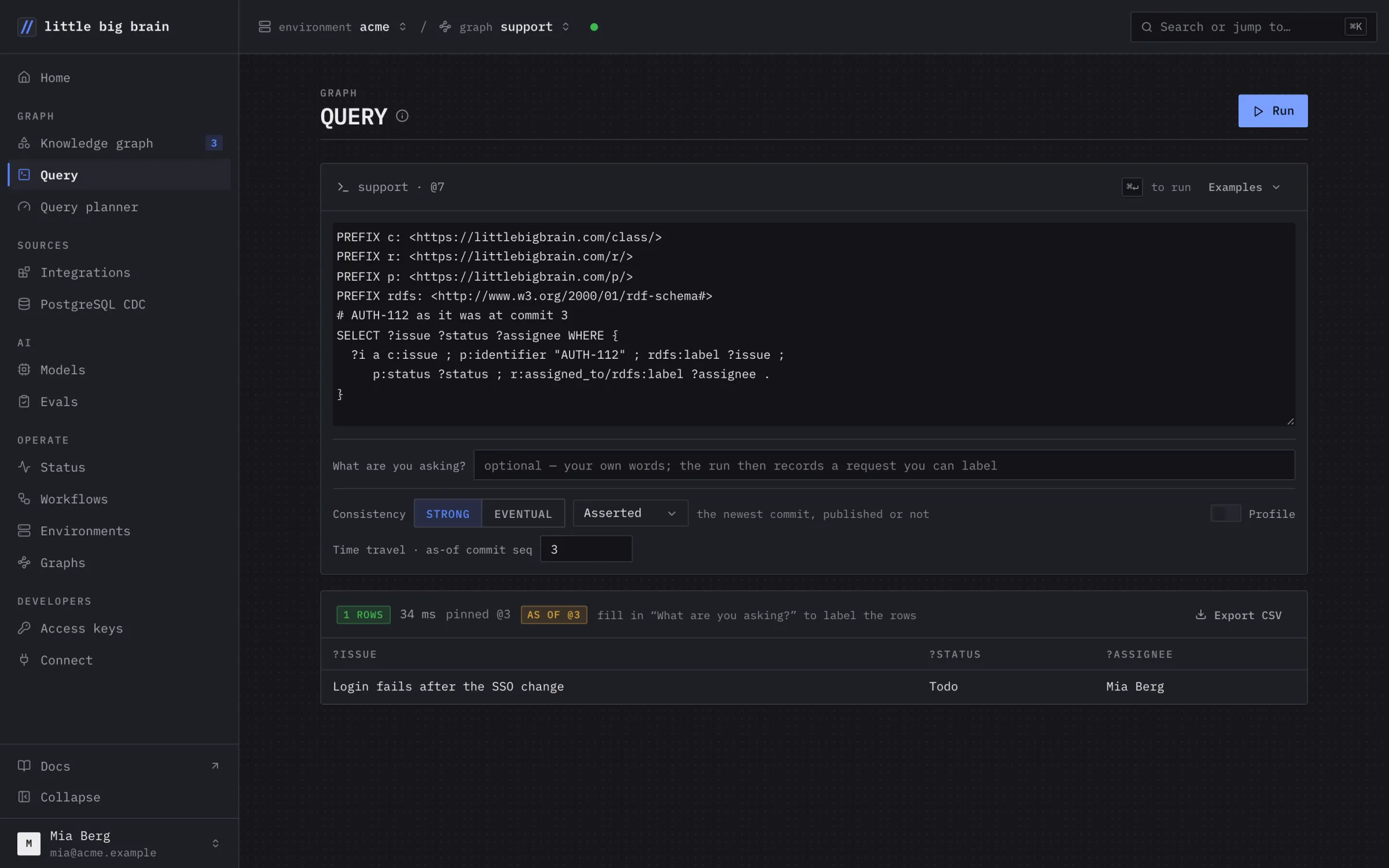 The Query page with time travel at commit 3: issue AUTH-112 reads Todo, as it was then