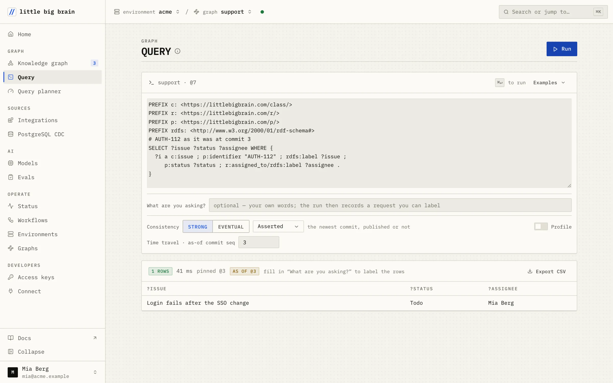 The Query page with time travel at commit 3: issue AUTH-112 reads Todo, as it was then