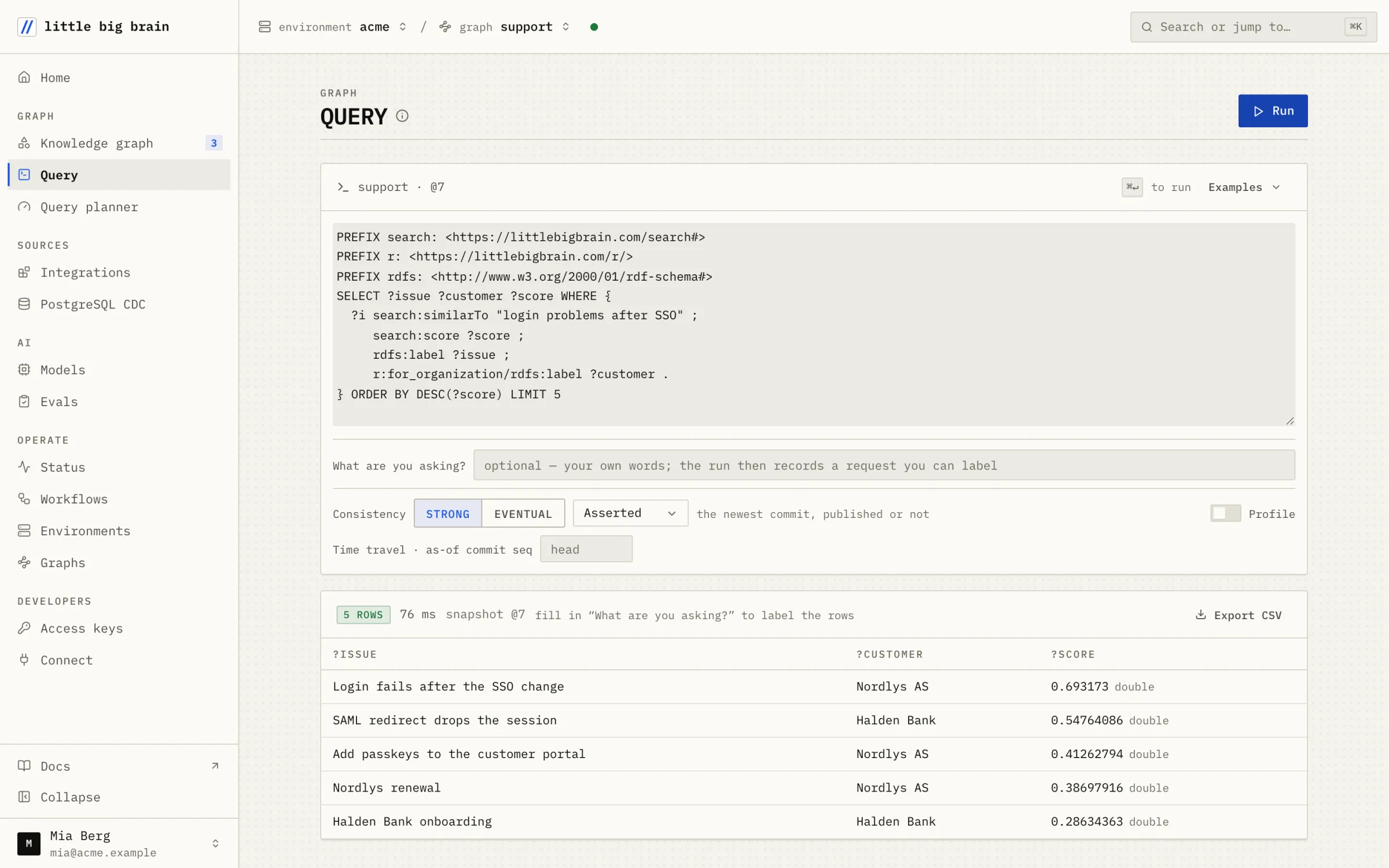 The Query page: a SPARQL query with search:similarTo joined with the customer of each issue, five rows with scores