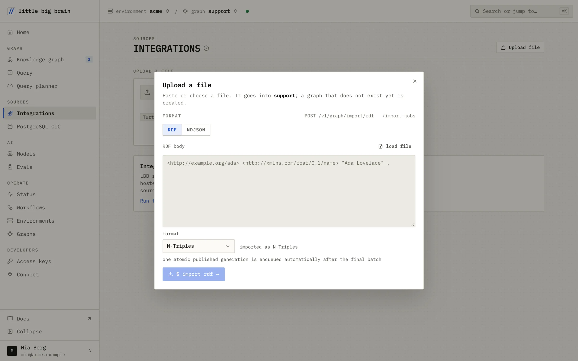 The Upload a file dialog: paste or choose RDF or NDJSON, and import it into the graph